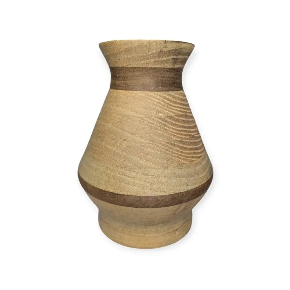 Vintage Handmade 1999 Signed Hand Turned Wood Vase Hickory with Walnut Unsealed